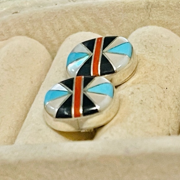 post_title ZUNI Native American Sterling Coral Turquoise Onyx Mother Of Pearl Post
Earrings